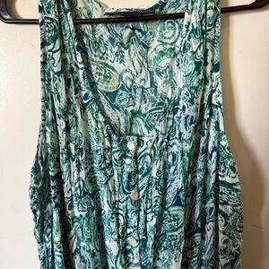 Woman’s Plus Size Tank Crinkle Gauze Maxi Dress Aqua Paisley Print NWT 30/32W